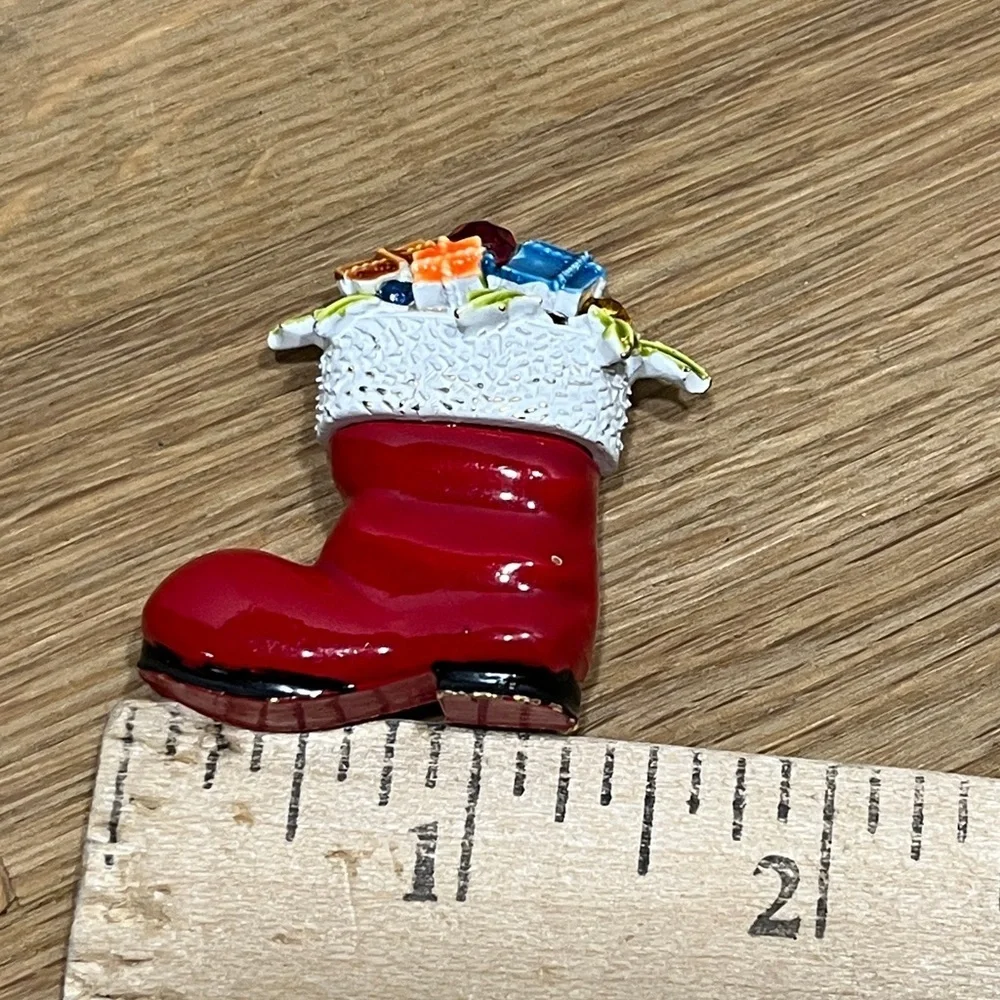 Vintage ART Christmas Enameled Brooch Santa’s Boot filled w/ Presents Xmas Pin
